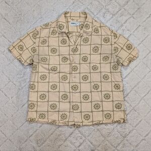 Wellen Shirt Mens M Beige Green Camp Collar Nautical Wheel Button Short Sleeve